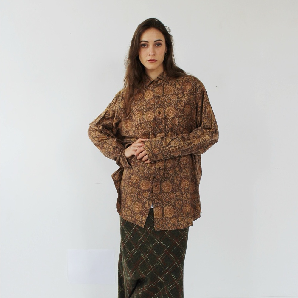 POLO RALPH LAUREN Mocha Paisley Shirt- Button Front Oversized Loose Baggy xl